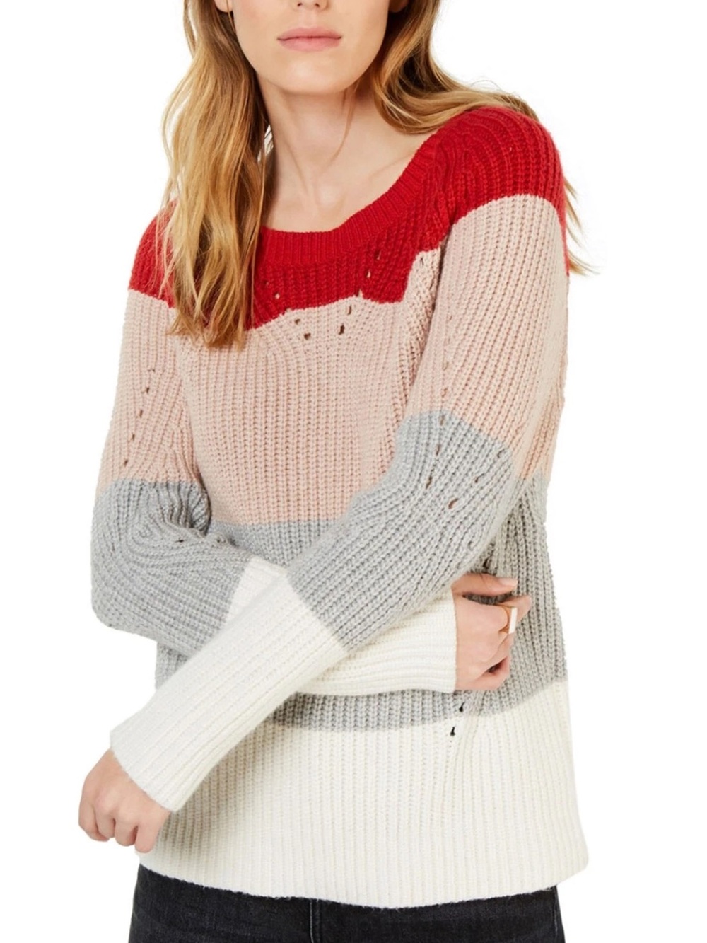 Lucky Brand Color Block Crew Neck Pointelle Sweater in Red, Pink, Gray, White L